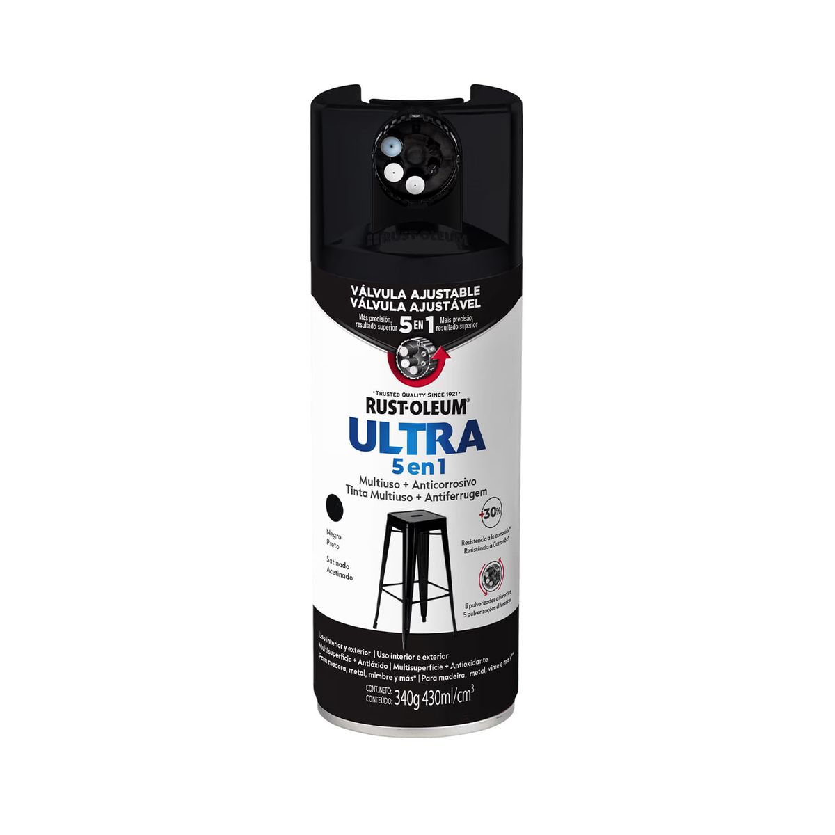 RUST OLEUM - Pintura en Spray Ultra 5 en 1 Multisuperficie Anticorrosiva Negro Satinado 340 g