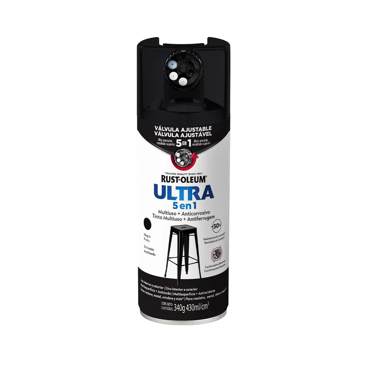 RUST OLEUM - Pintura en Spray Ultra 5 en 1 Multisuperficie Anticorrosiva Negro Satinado 340 g