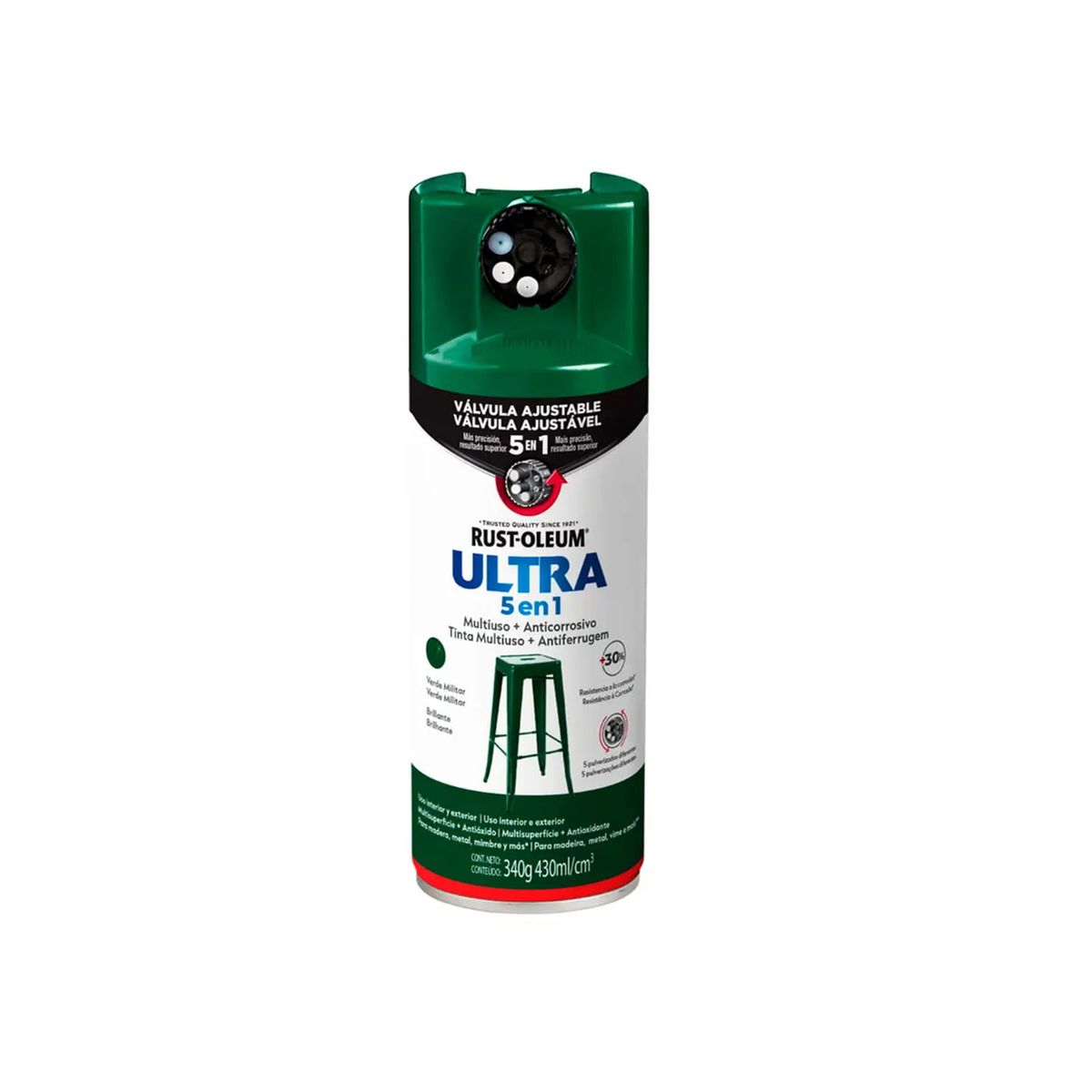 RUST OLEUM - Pintura en Spray Ultra 5 en 1 Multisuperficie Anticorrosiva Verde Militar Brillante 340 g