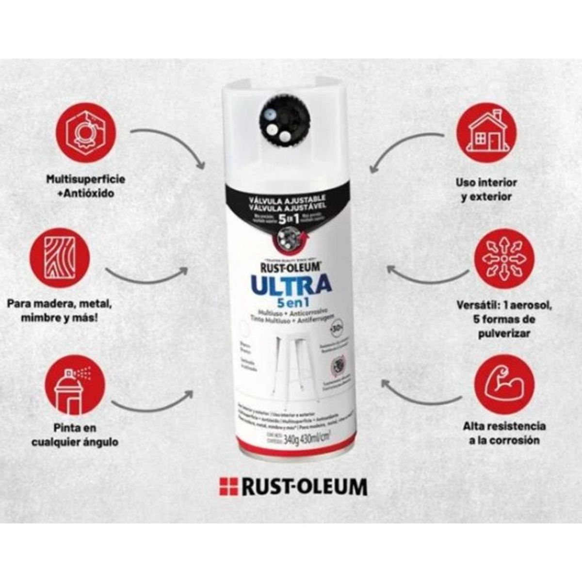 RUST OLEUM - Pintura en Spray Ultra 5 en 1 Multisuperficie Anticorrosiva Transparente Mate 340 g