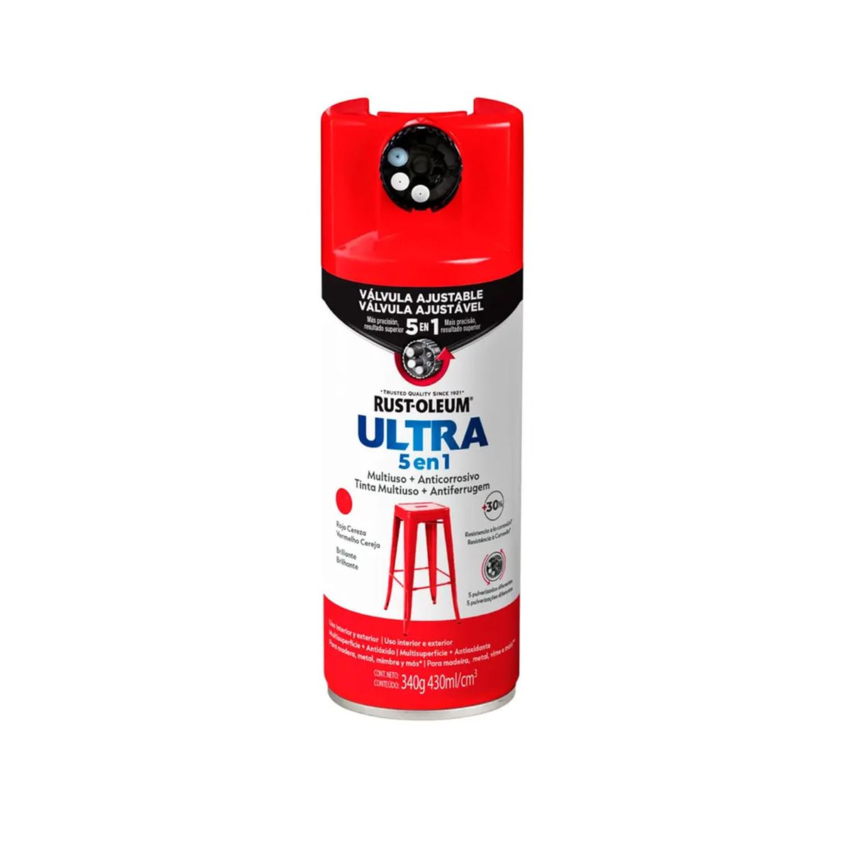RUST OLEUM - Pintura en Spray Ultra 5 en 1 Multisuperficie Anticorrosiva Rojo Cereza Brillante 340 g