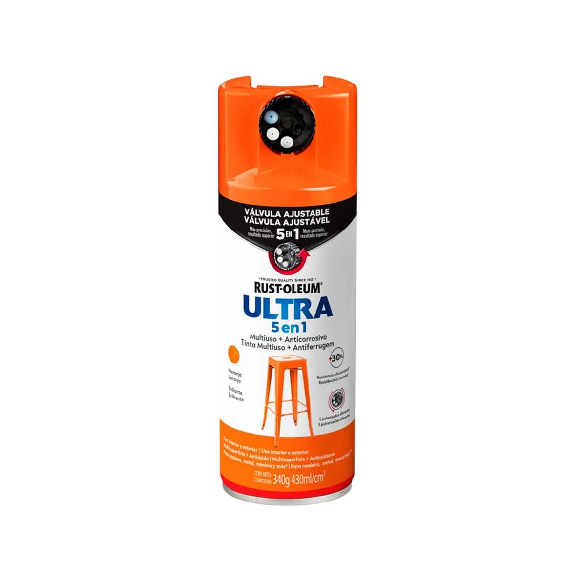 RUST OLEUM - Pintura en Spray Ultra 5 en 1 Multisuperficie Anticorrosiva Naranja Brillante 340 g