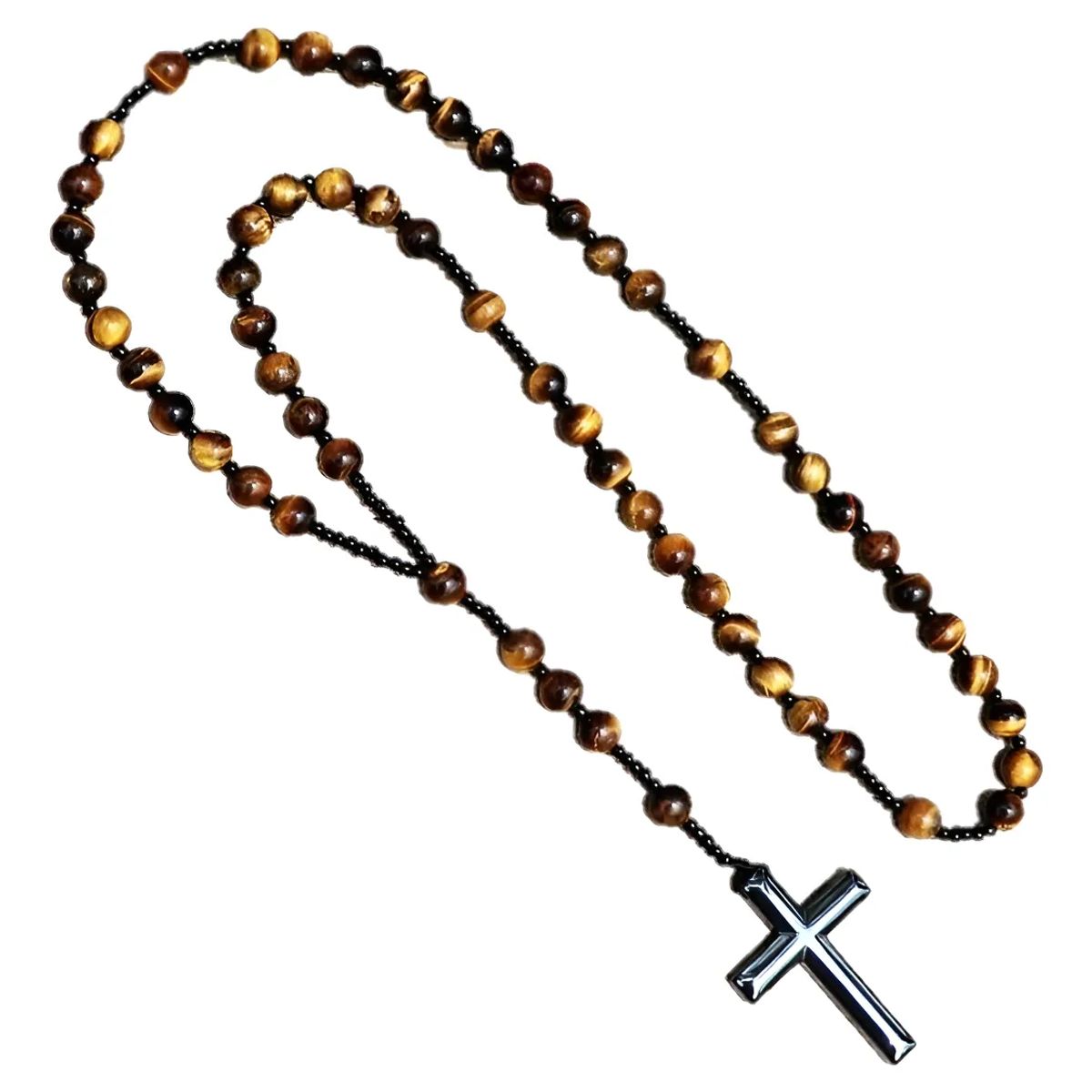 GENERICO - Collar De Cruz Caballero Piedra Ojo De Tigre Hematita