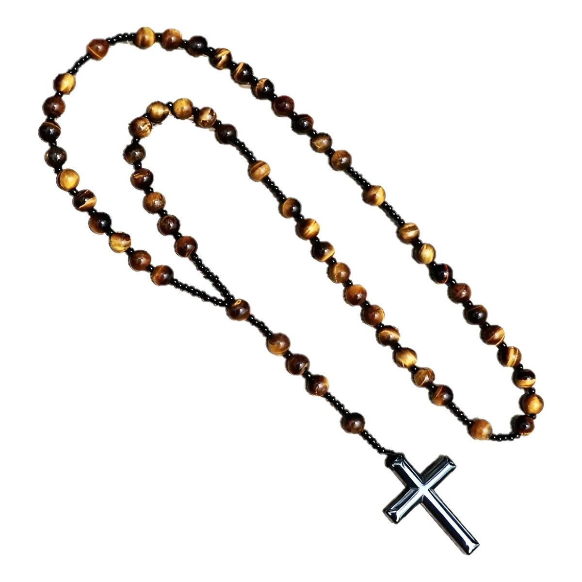 GENERICO - Collar De Cruz Caballero Piedra Ojo De Tigre Hematita