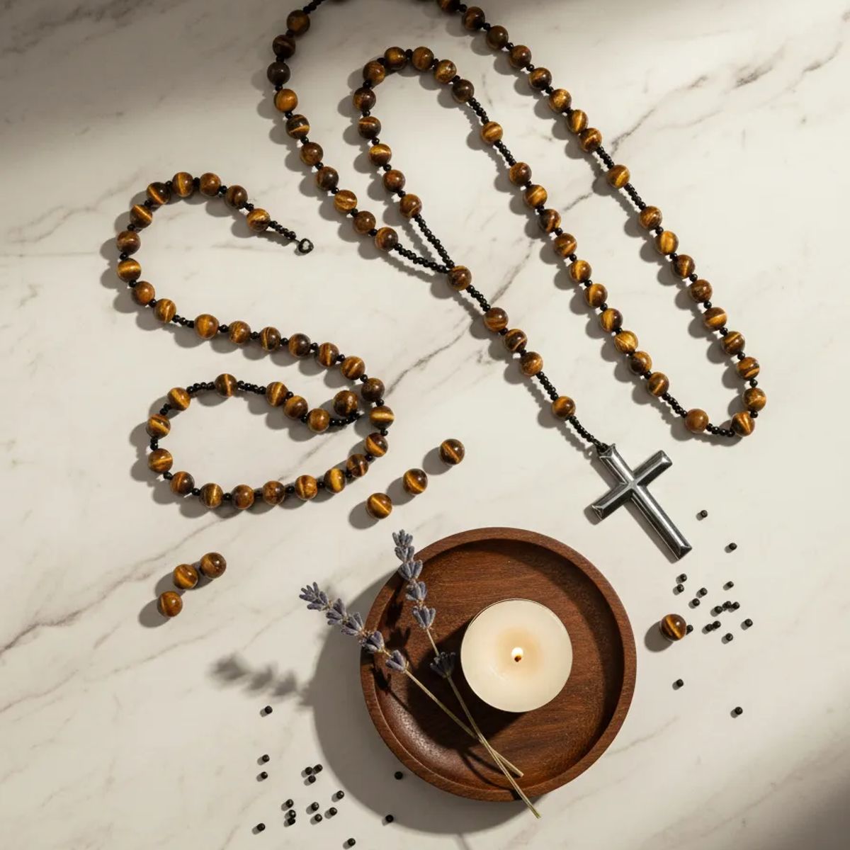 GENERICO - Collar De Cruz Caballero Piedra Ojo De Tigre Hematita