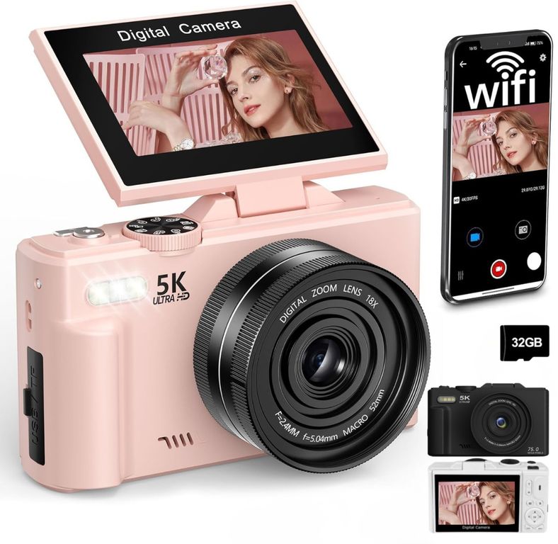 Cámara 5K Digital Fotografíca 75MP con Pantalla Giratoria - Rosa · Rosado
