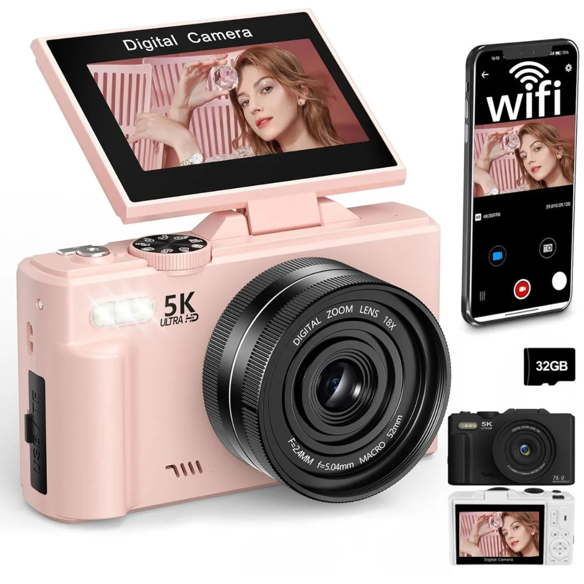 GENERICO - Cámara 5K Digital Fotografíca 75MP con Pantalla Giratoria - Rosa
