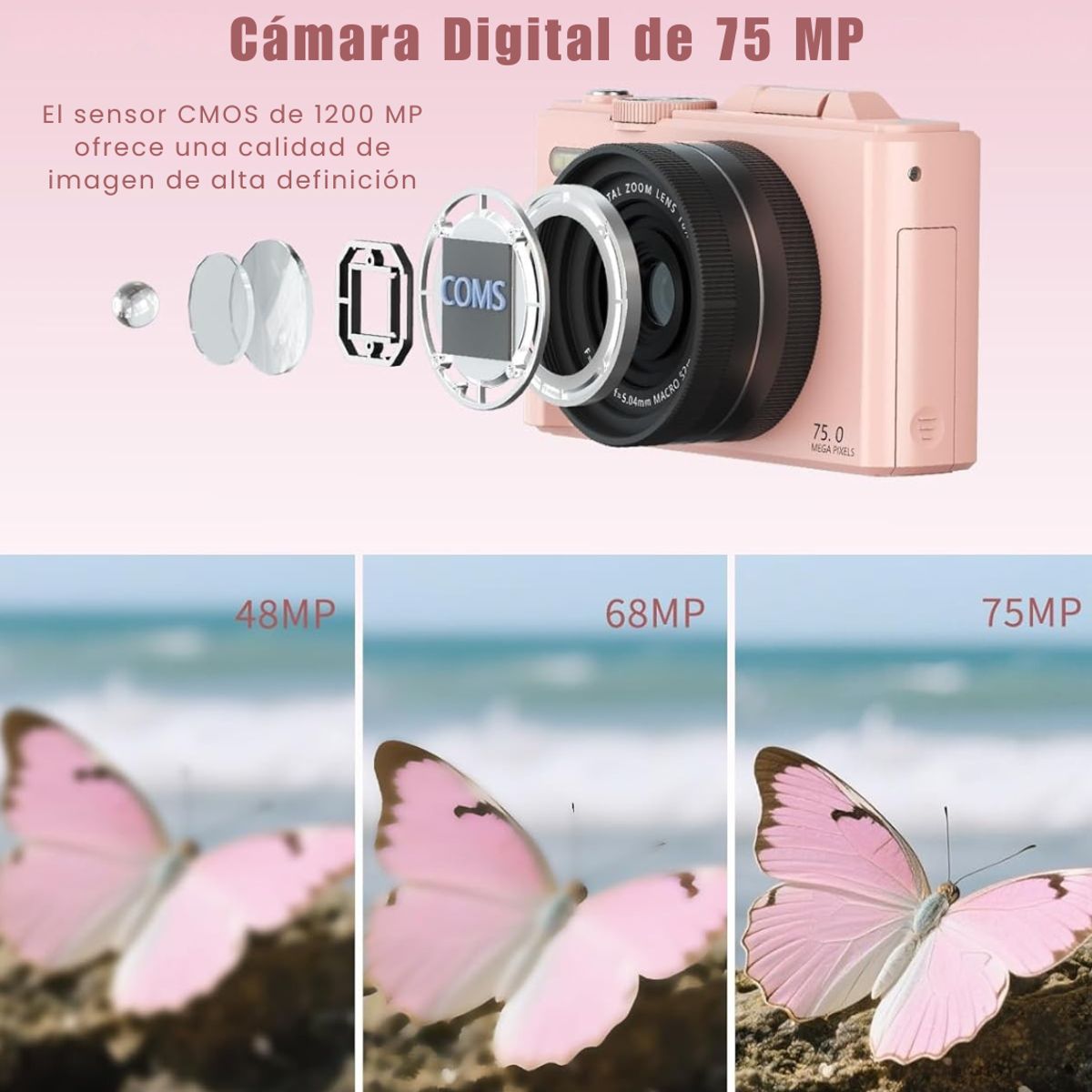 GENERICO - Cámara 5K Digital Fotografíca 75MP con Pantalla Giratoria - Rosa