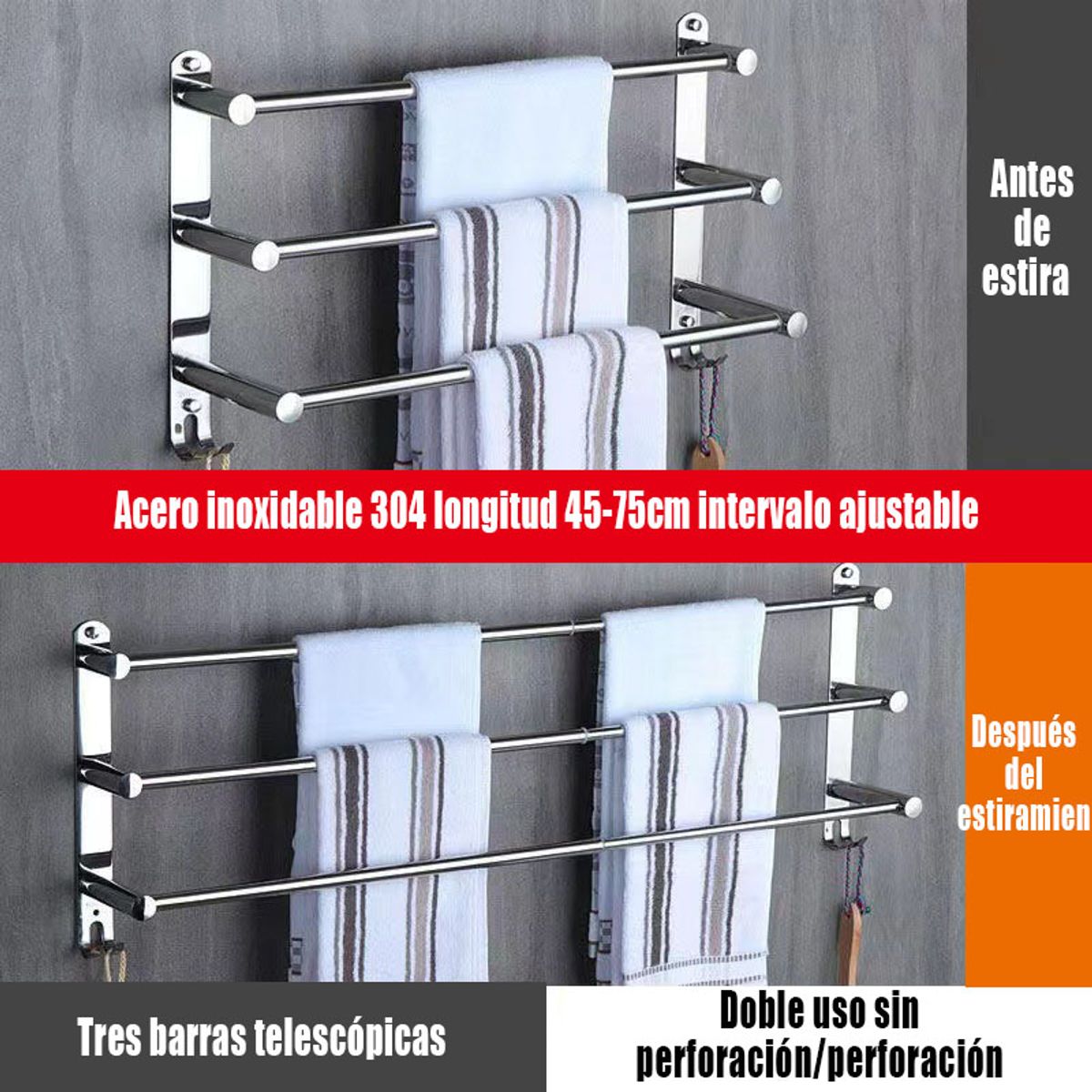 GENERAL - Toalla De Pared retráctil Triple Tres Barras Telescópicas