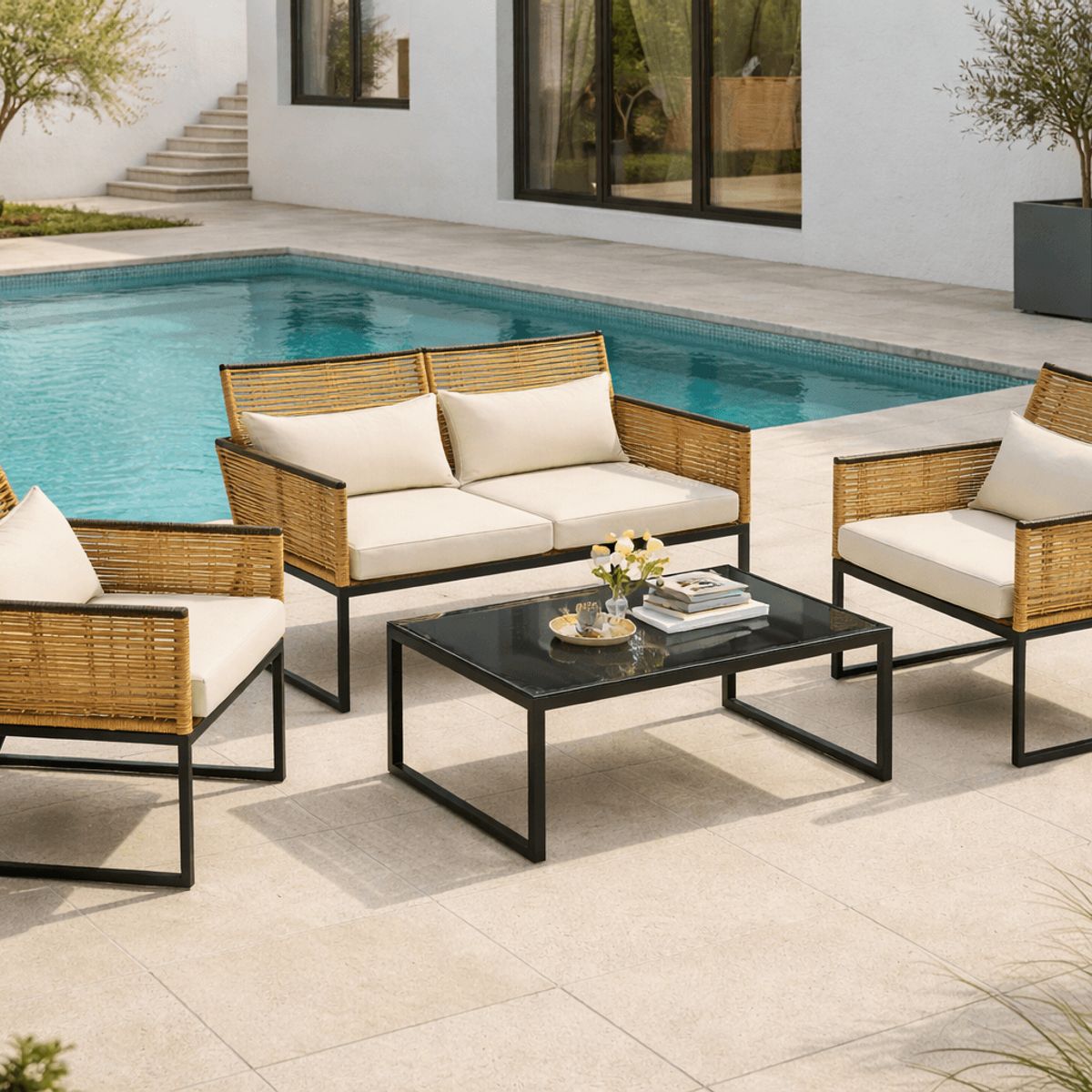 SPACE HOME - Set de Terraza Beige 4 Piezas – Sofá + Sillas + Mesa