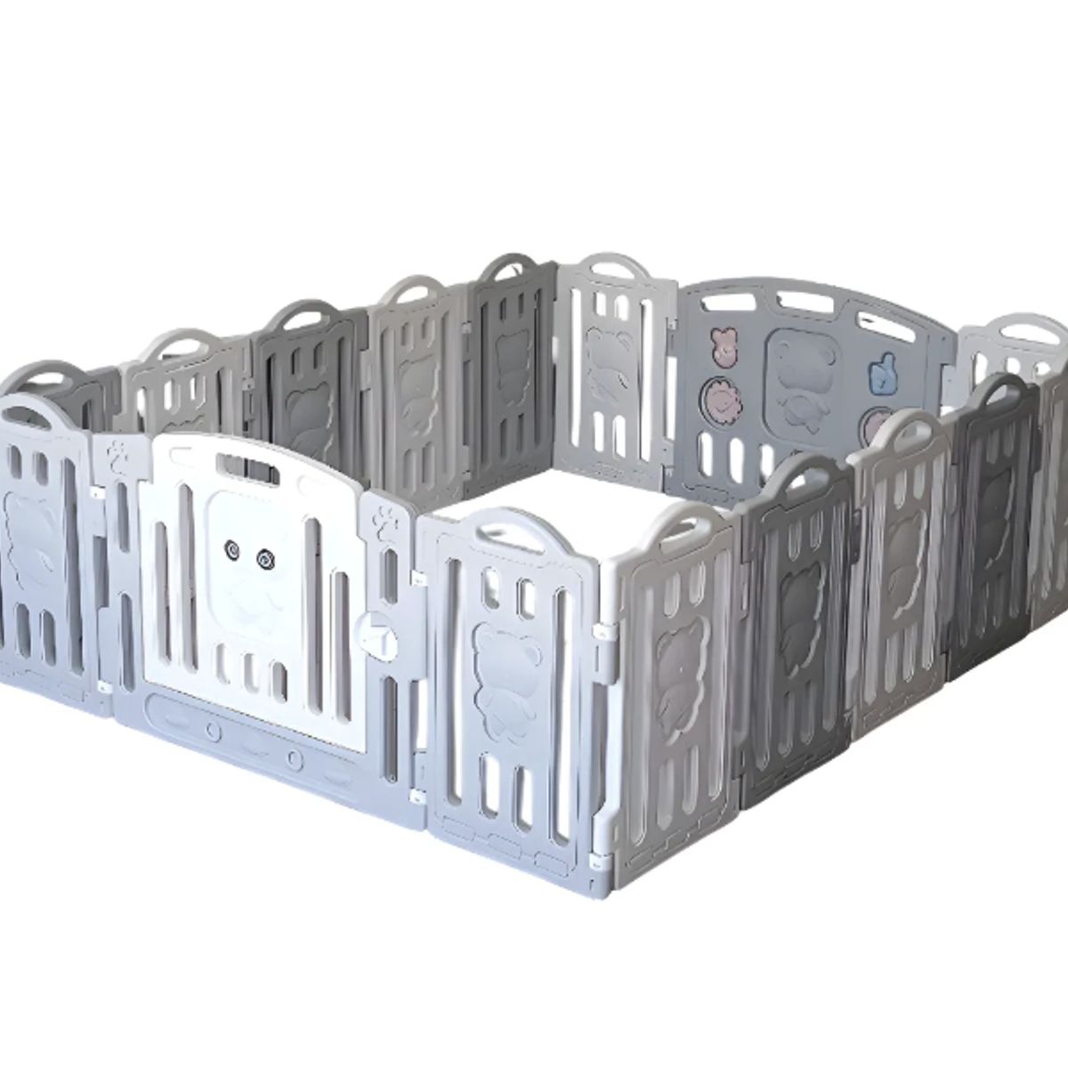 OKAY - Corral Para Bebe Plegable Con Cerro De Seguridad Portátil Color Gris Diseño De La Tela Oso
