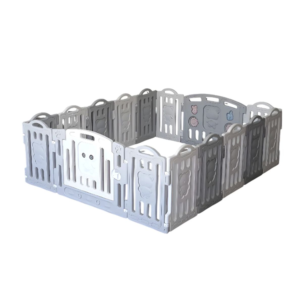 OKAY - Corral Para Bebe Plegable Con Cerro De Seguridad Portátil Color Gris Diseño De La Tela Oso