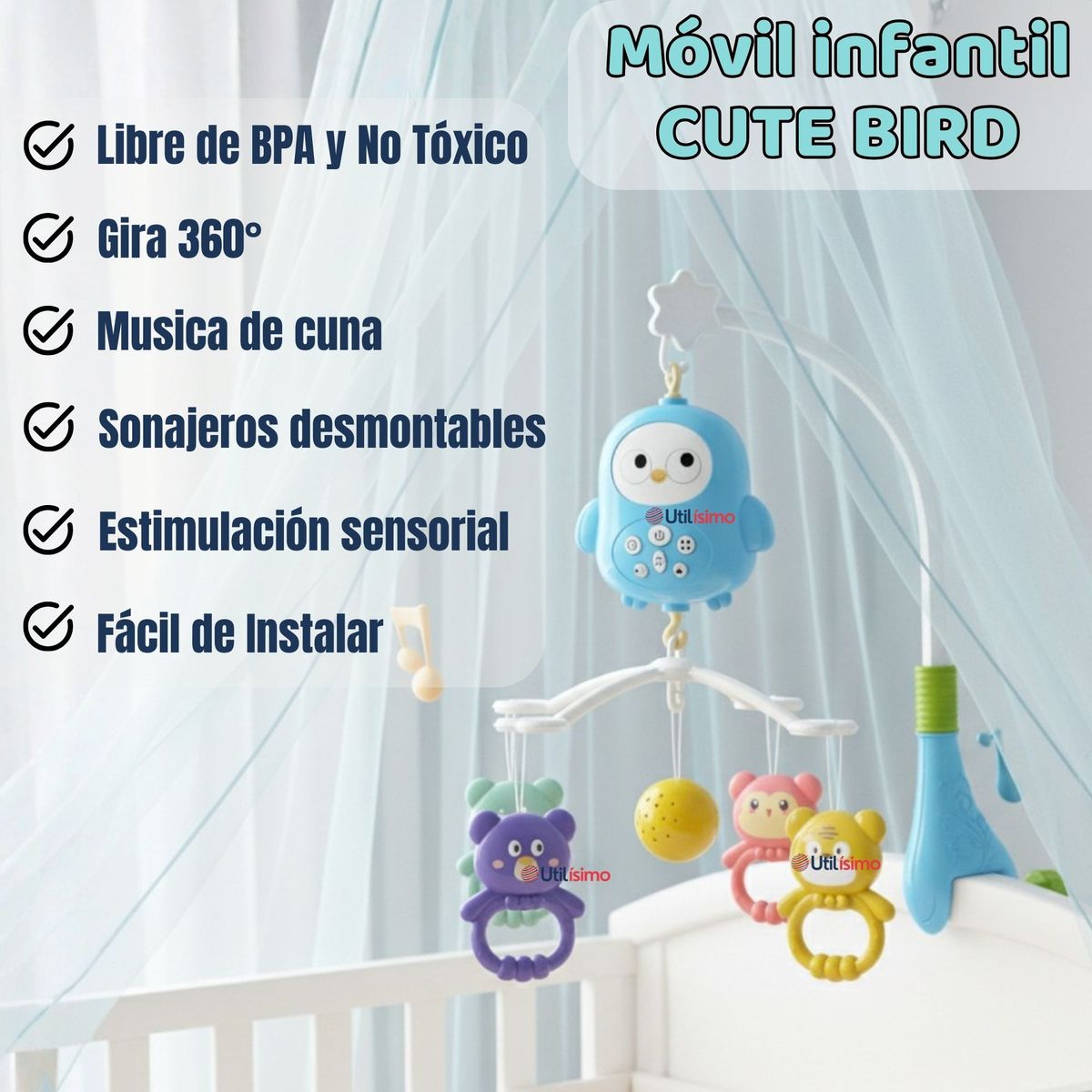 JUMP KIDS - Móvil Sonajero Giratorio Musical Bebé Niño Azul