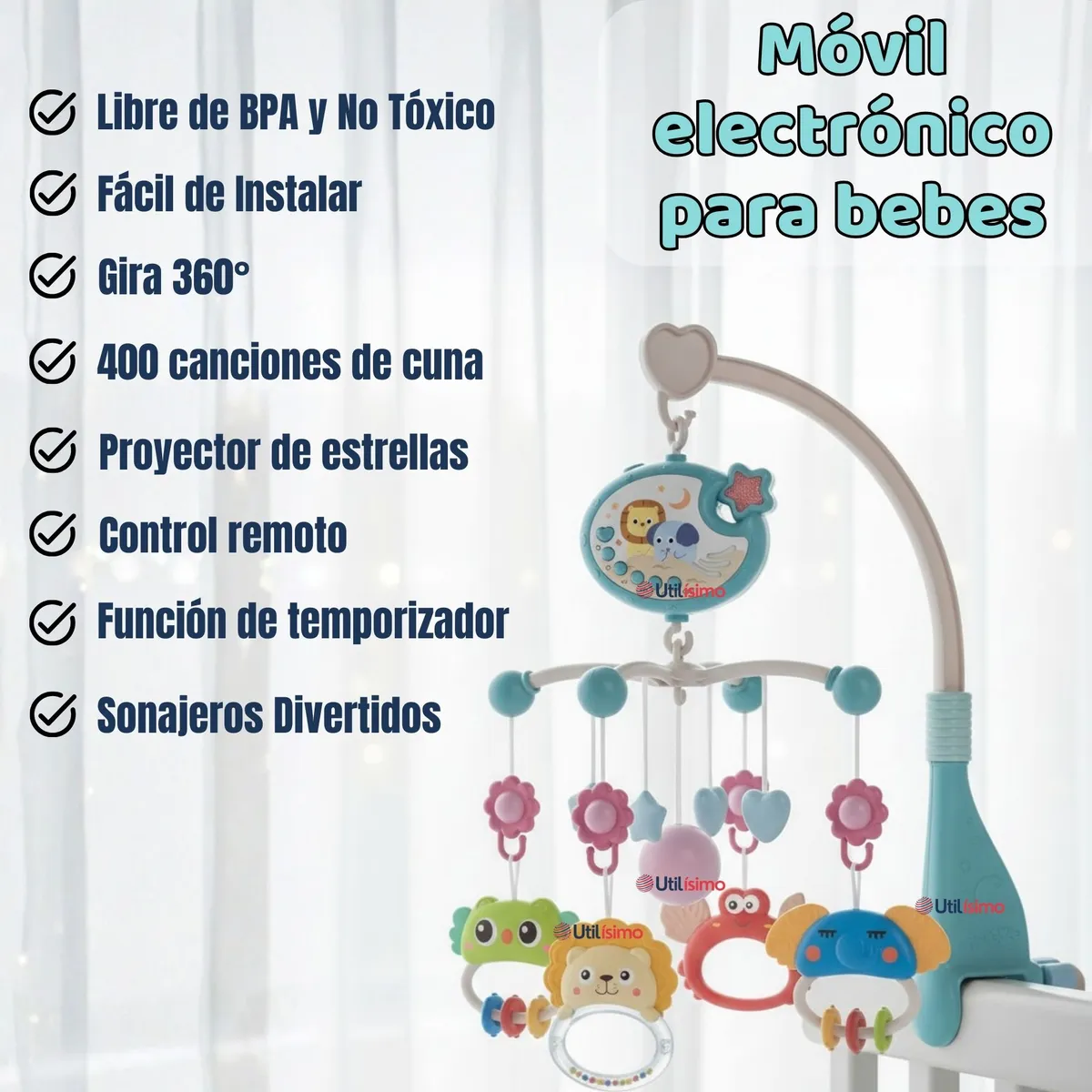 JUMP KIDS - Móvil Giratorio Musical Proyector De Luces + Control Para Cuna Bebé