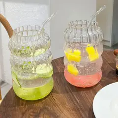 SANTU HOME & DECO - Set 2 Vasos Alto Diseño Ondas Bebida Vidrio 800 Ml Bombilla