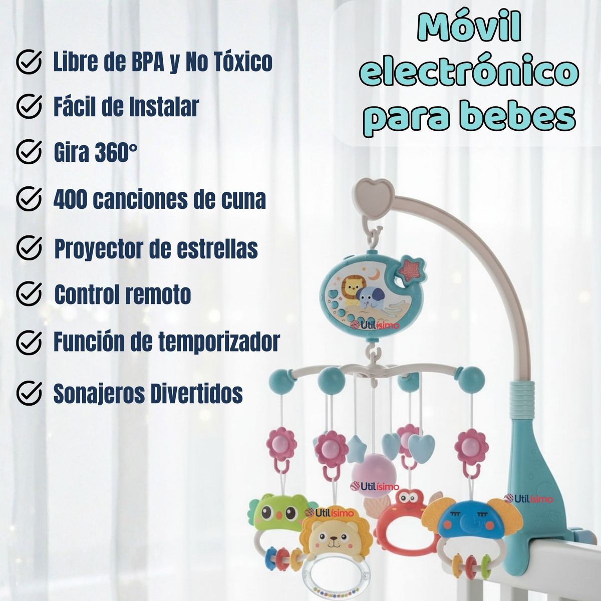 JUMP KIDS - Móvil Giratorio Musical Proyector De Luces + Control Para Cuna Bebé