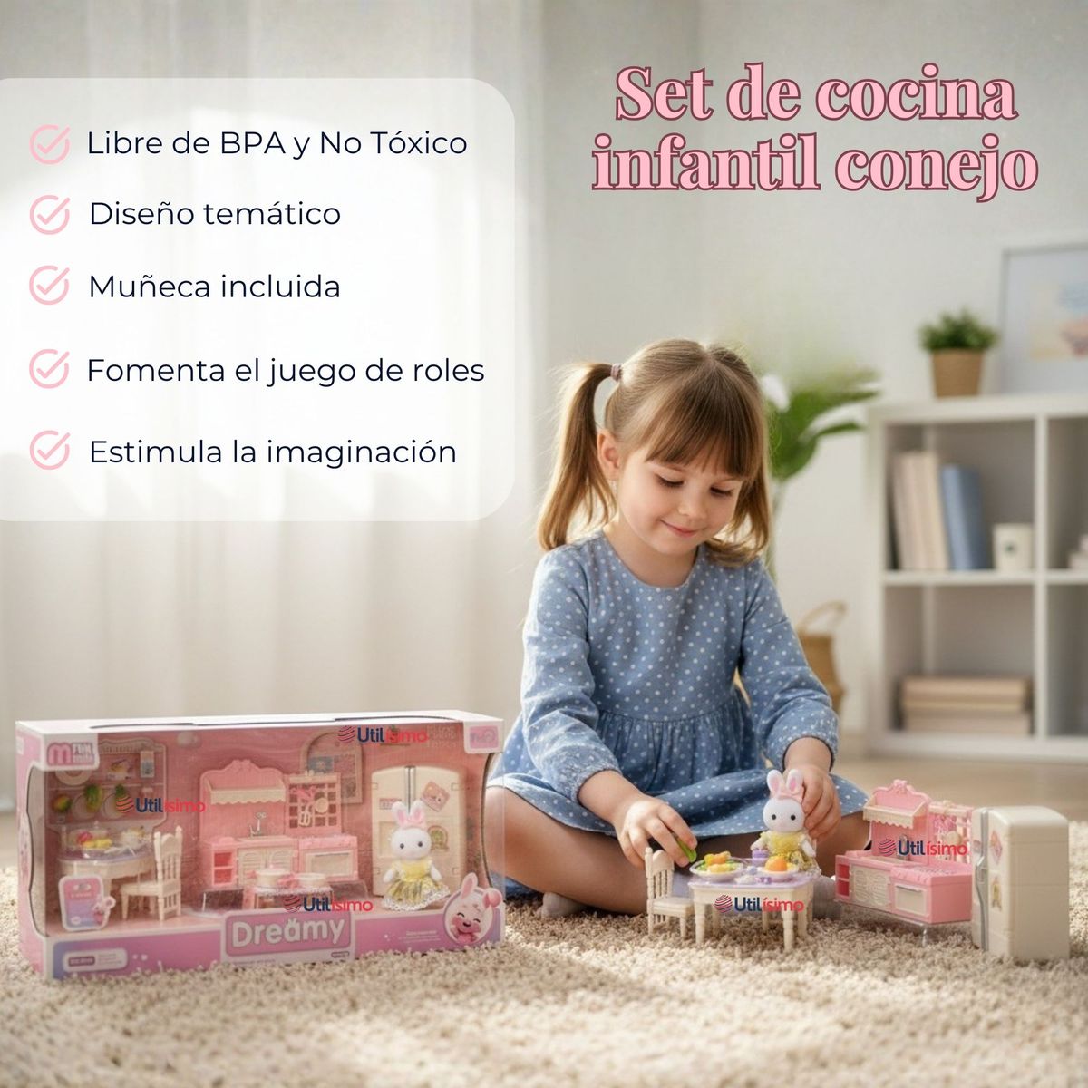 UTILISIMO - Set de Cocina y Comedor Muñeca Conejita Juguete Niña