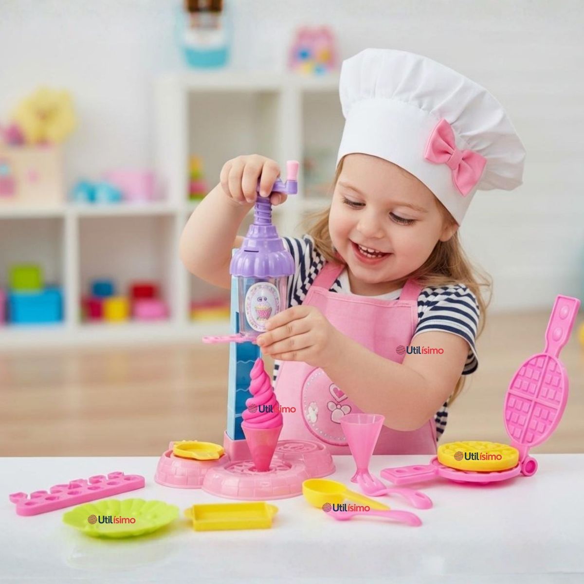 UTILISIMO - Set Juguete de Heladería y Waflera Creativa con Masas Moldeables Niña