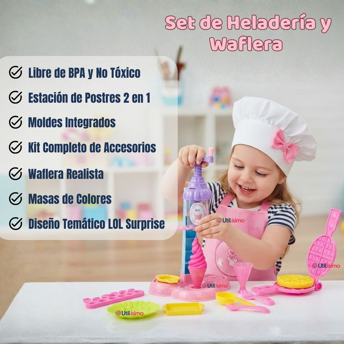 UTILISIMO - Set Juguete de Heladería y Waflera Creativa con Masas Moldeables Niña