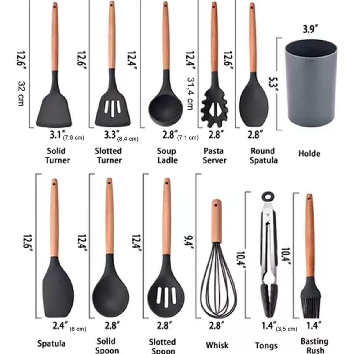 HOMEBRANDT - Set 12 Utensilios Cocina Antiadherente Silicona Mango Madera