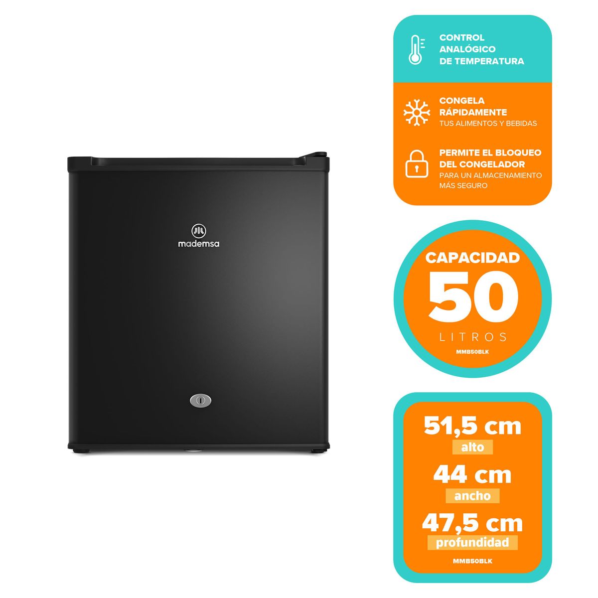 MADEMSA - Frigobar 50L Frío Directo con Llave  MMB50BLK Negro