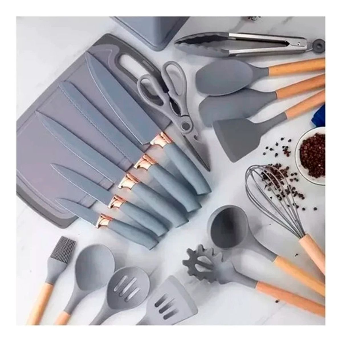 HOMEBRANDT - Set 19 Utensilios De Cocina Antiadherente Silicona Madera
