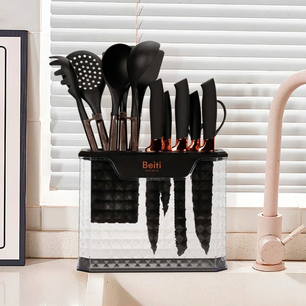HOMEBRANDT - Set 16 Utensilios Cuchillos Cocina Acero Inoxidable Silicona