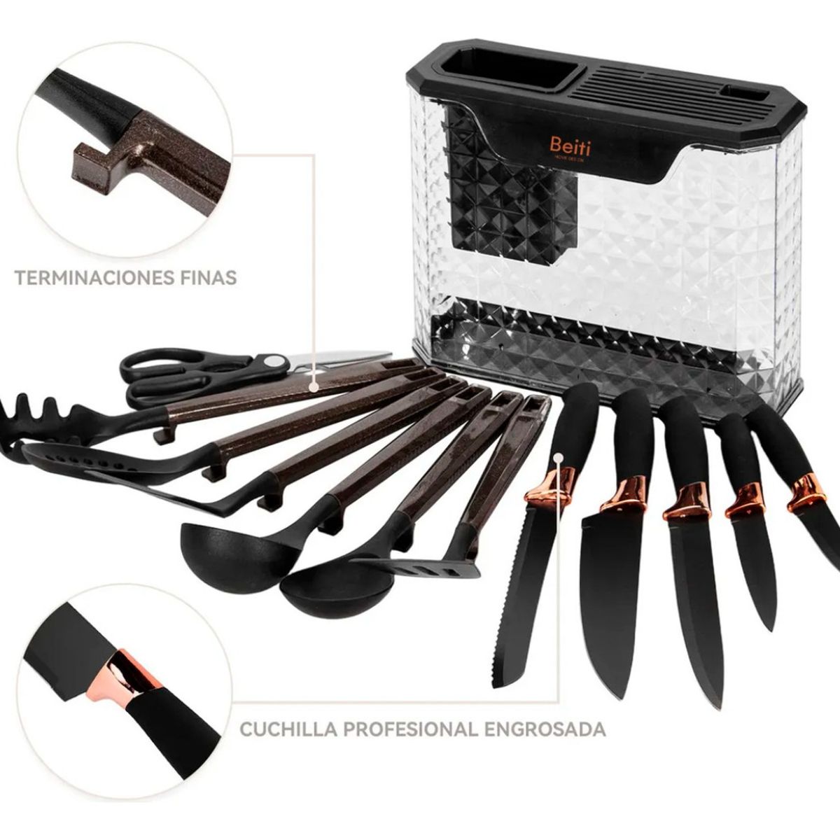 HOMEBRANDT - Set 16 Utensilios Cuchillos Cocina Acero Inoxidable Silicona