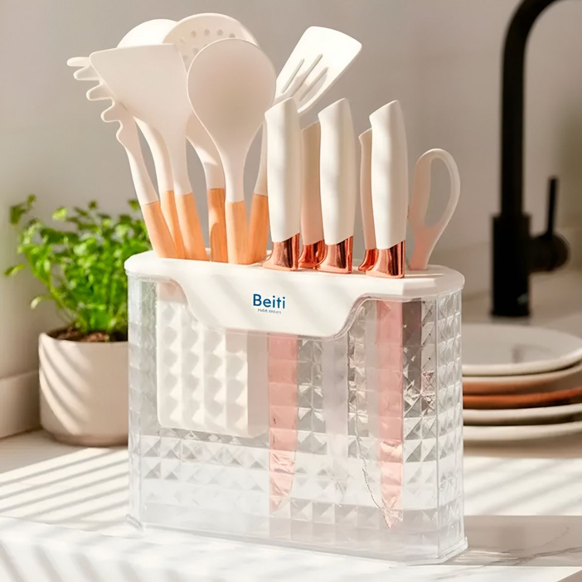 HOMEBRANDT - Set 16 Utensilios Cuchillos Cocina Acero Inoxidable Silicona