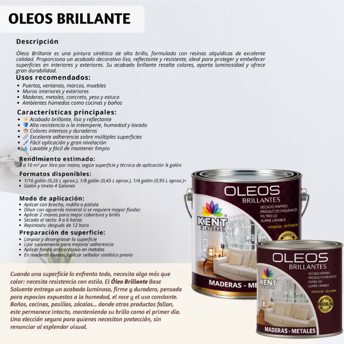 KENT - OLEO BRILLANTE PREMIUM - MULTISUPERFICIES - OCTAVO GALON AMARILLO SOL