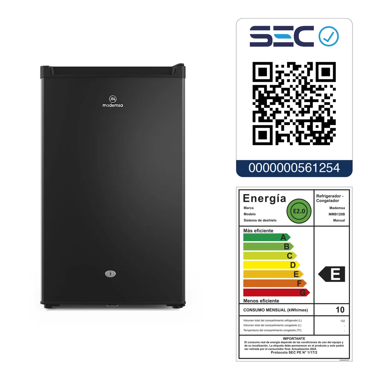 MADEMSA - Frigobar 120L Frío Directo con Llave y Luz LED MMB120B Negro