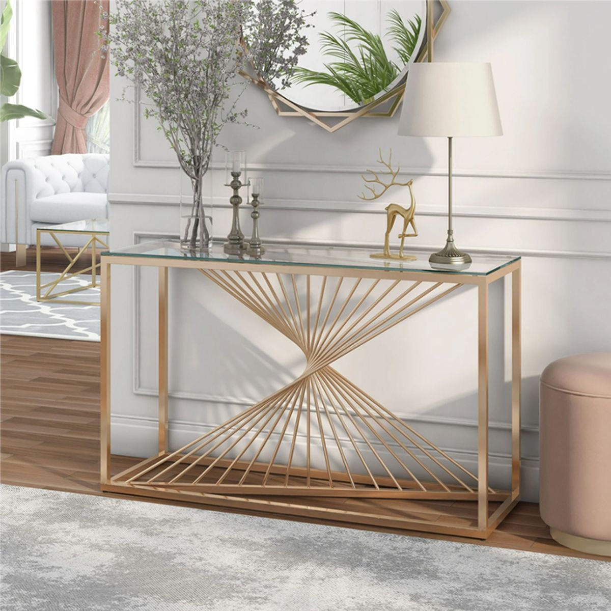 MSA MUEBLES SANTA ANA - Arrimo Moderno Dorado con Cubierta de Vidrio