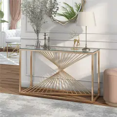 MSA MUEBLES SANTA ANA - Arrimo Moderno Dorado con Cubierta de Vidrio