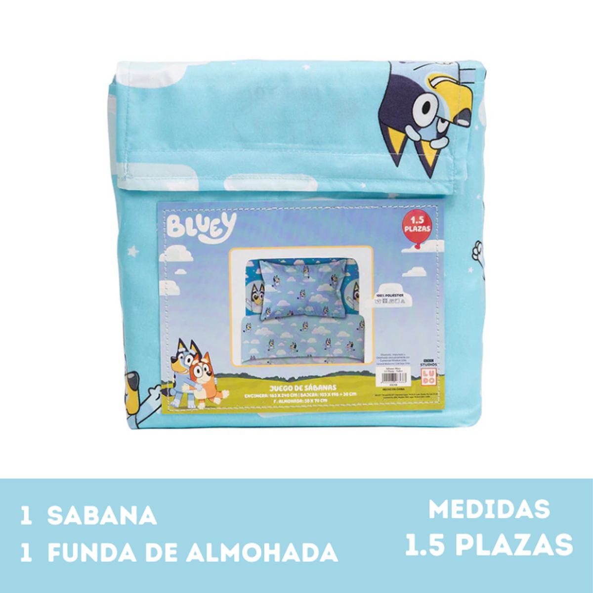 MASHINI - Juego Sábanas Mashini Bluey Nubes 1.5 Plazas Microfibra