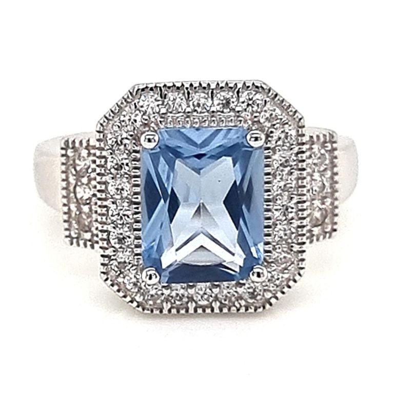 Anillo Agua Marina Rectangular Plata 925 Celeste 10