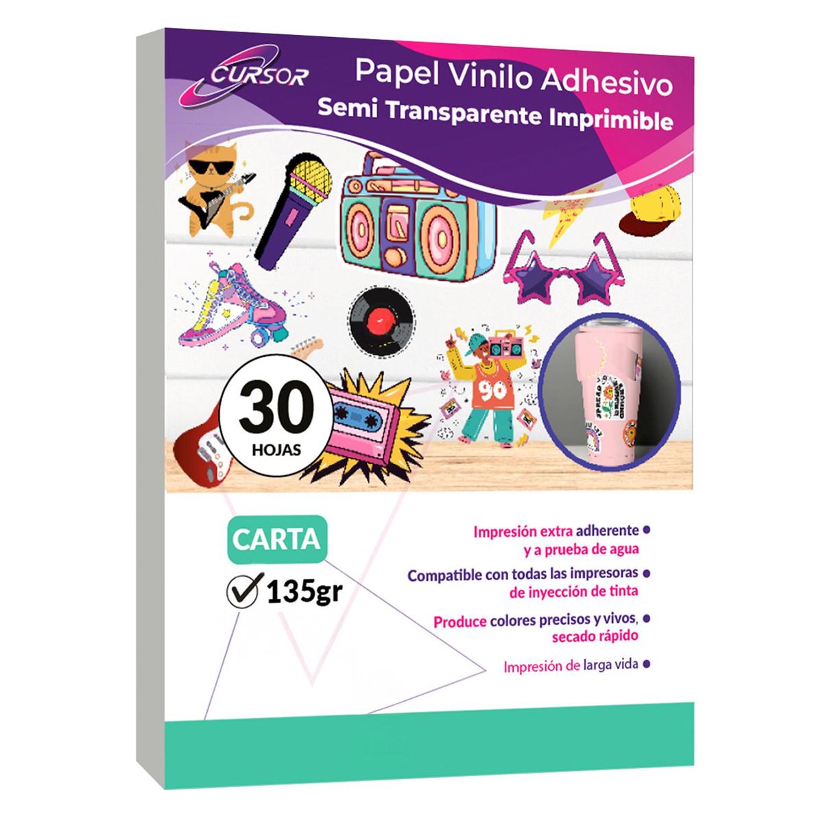 CURSOR - Papel Vinilo Adhesivo 30 Hojas Semi Transparente Carta Cursor - Blanco