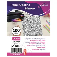 CURSOR - Papel Opalina 120g Carta 100 H Blanco Delgada Lisa - Blanco