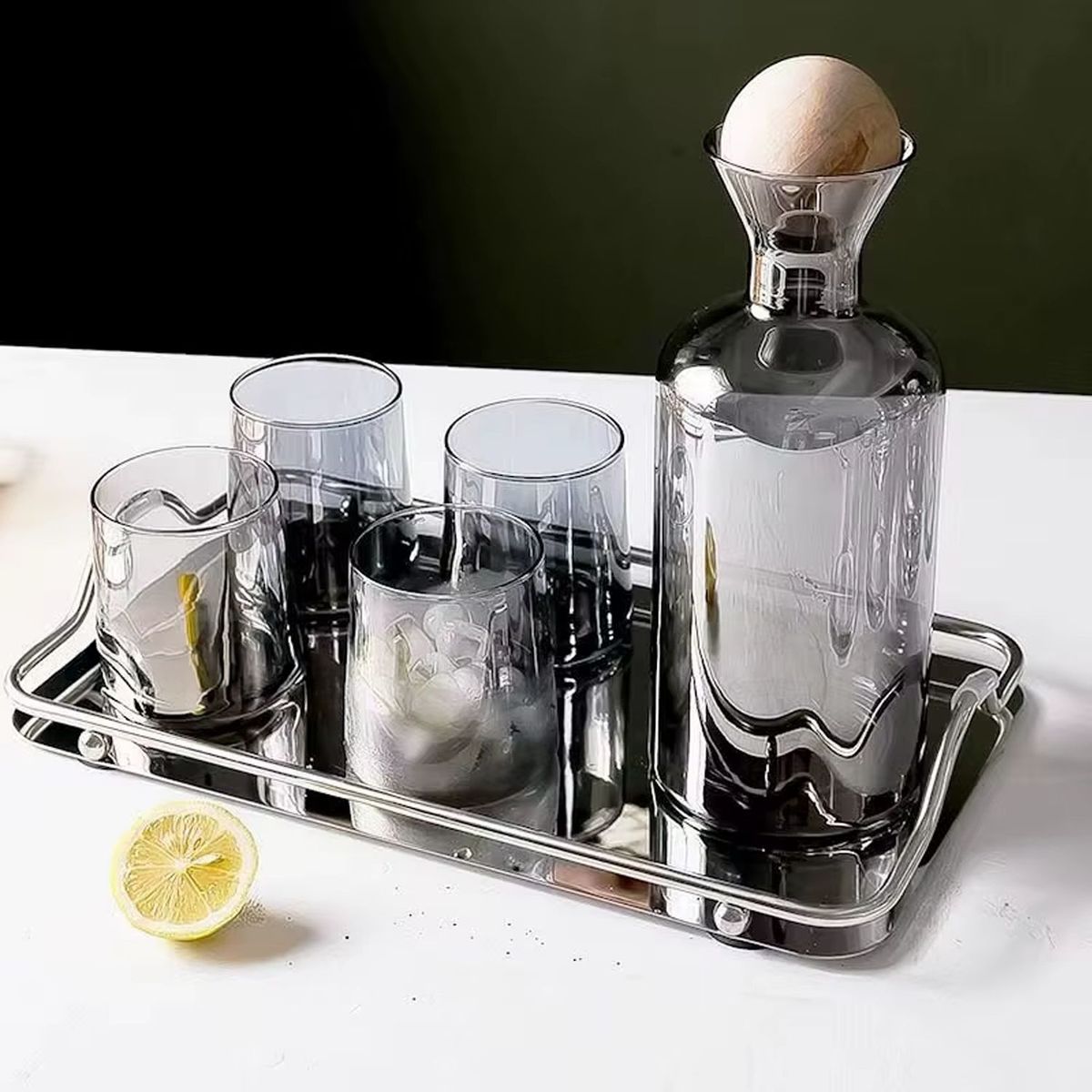 SANTU HOME & DECO - Jarra de Vidrio Decantador Lujoso 4 vasos Gris