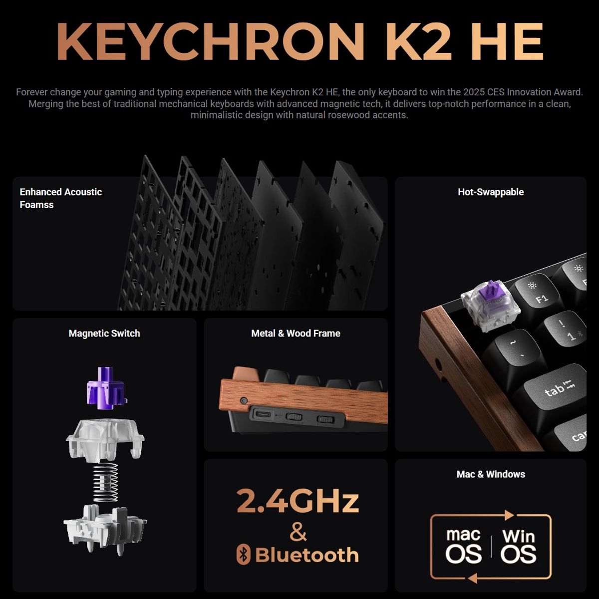  - Teclado Mecánico Gamer Inalámbrico Keychron K2 He Magnetico Negro