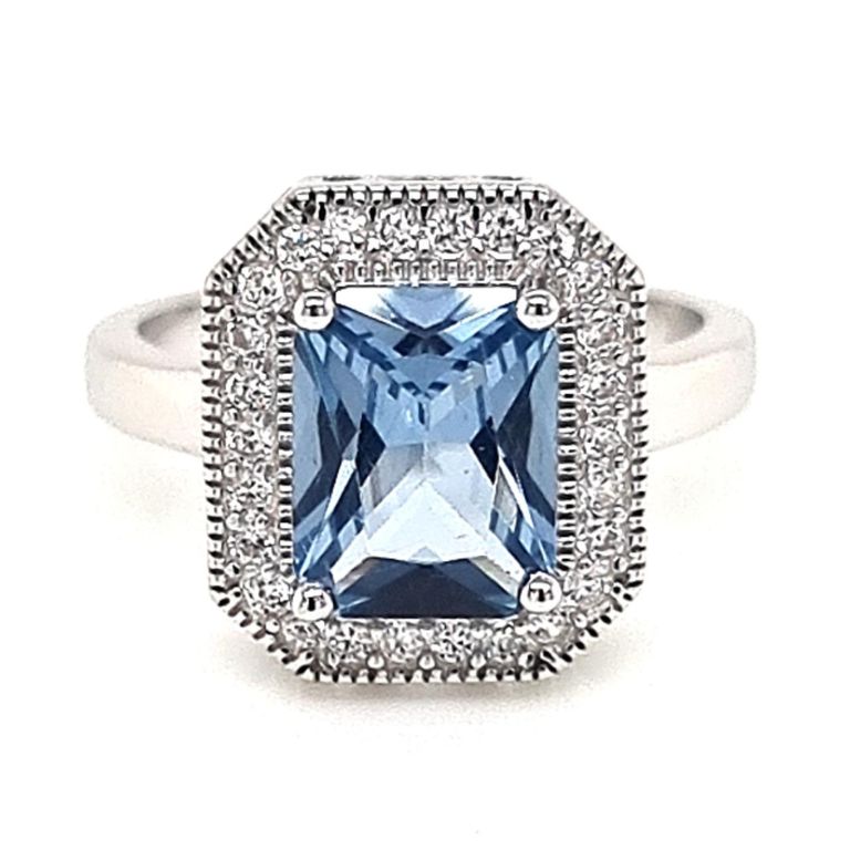Anillo Rectangular Agua Marina Riel Plata 925 Celeste 10