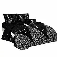 GENERICO - Cubre cama de verano negro con estampado de mariposas y mujer de plaza y media