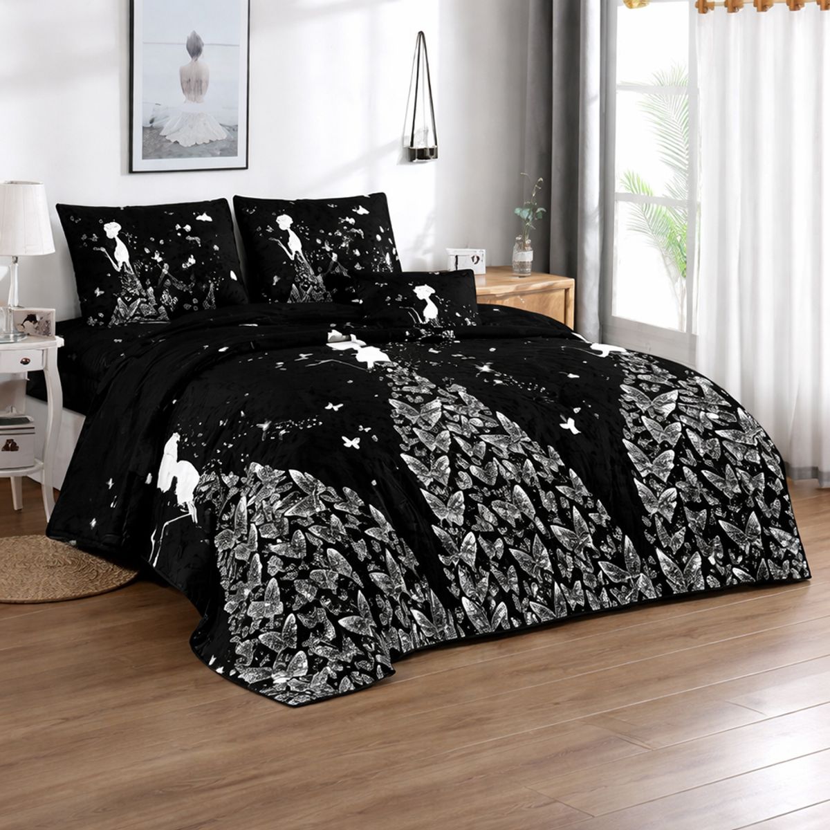 GENERICO - Cubre cama de verano negro con estampado de mariposas y mujer de plaza y media