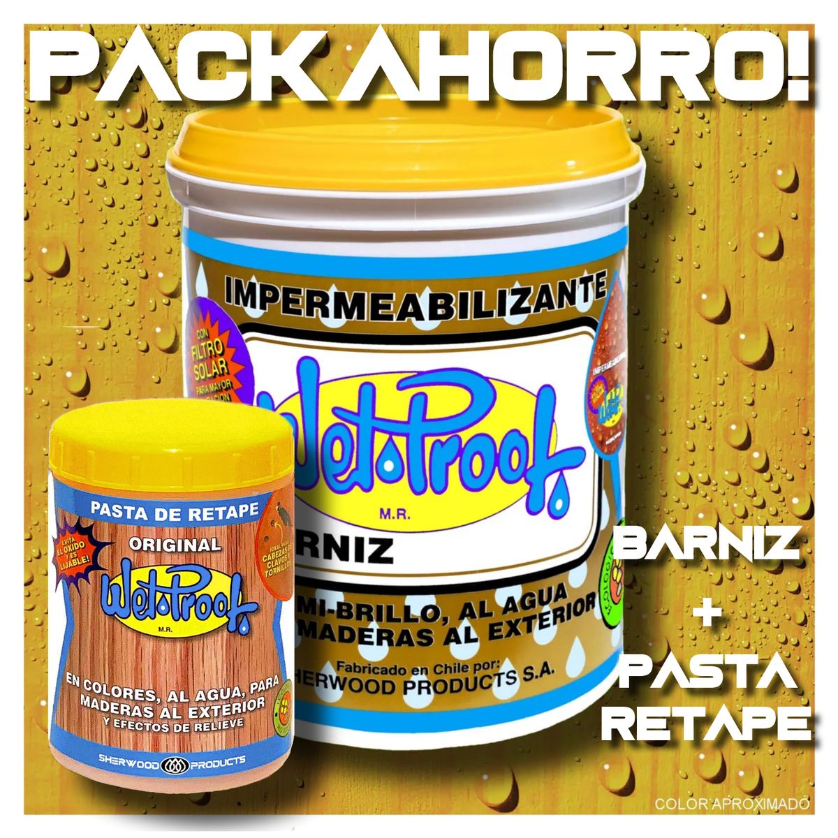 WETPROOF - BARNIZ MADERA EXTERIOR WET PROOF® OCRE 1 GL + PASTA RETAPE WET PROOF® OCRE 1-2 KG PACK AHORRO