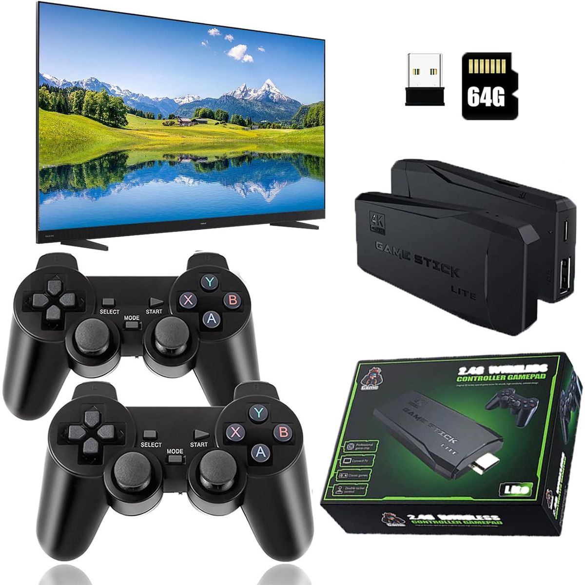 N NISHA ONLINE - Game Stick 4K Con 2 Controles Inalambricos 64GB