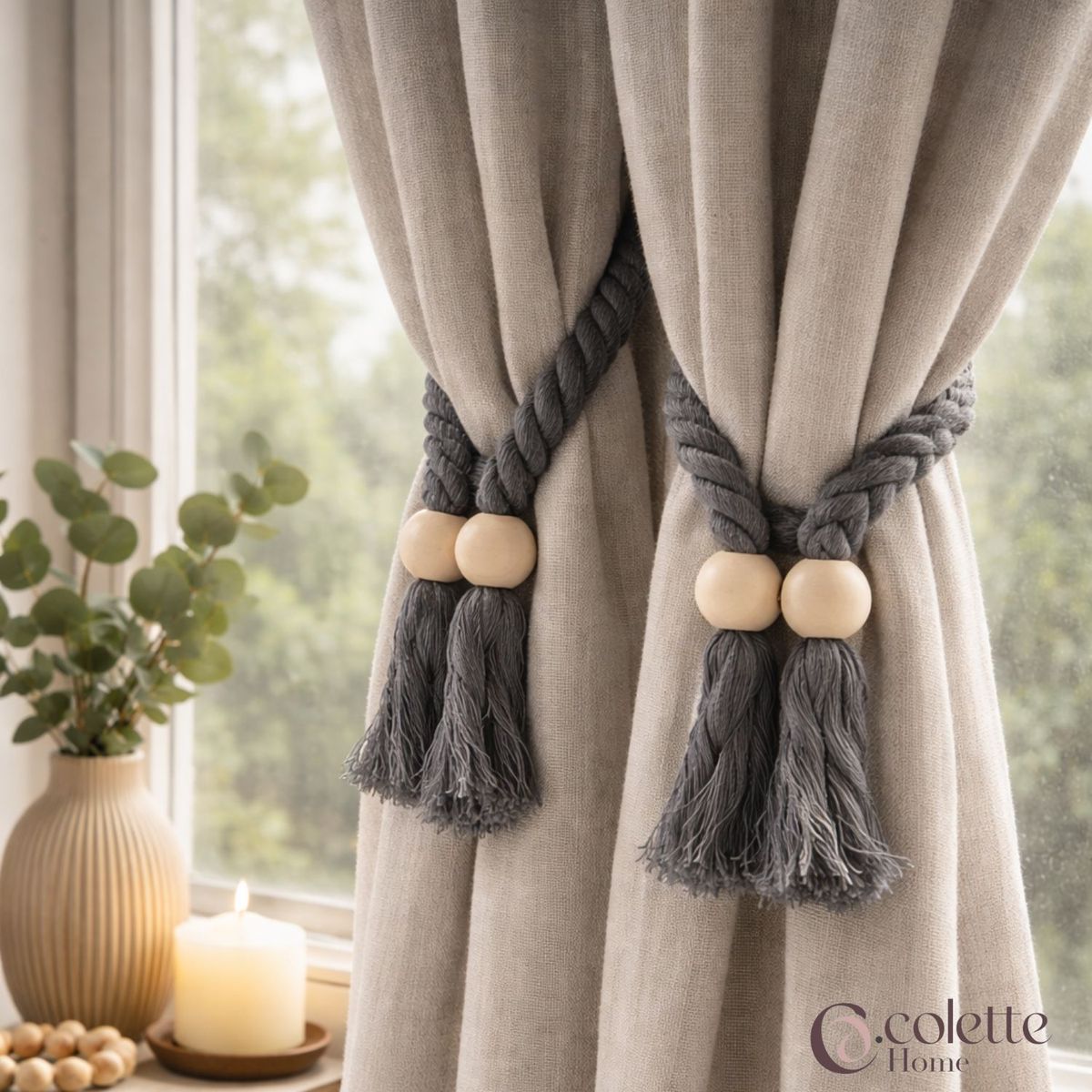 COLETTE - Set De Toma Cortinas Cordón Trenzado Borla Madera Japandi Colores