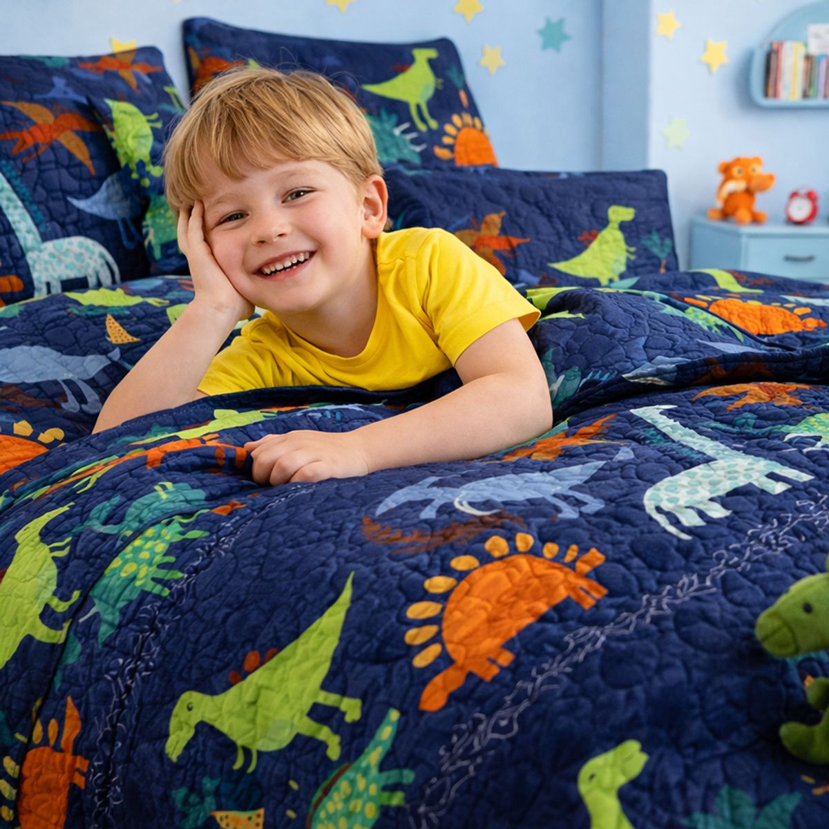 GENERICO - Cobertor de verano de plaza y media azul dinosaurios