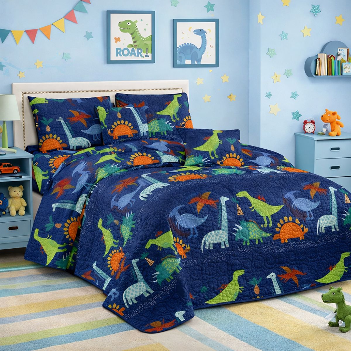 GENERICO - Cobertor de verano de plaza y media azul dinosaurios