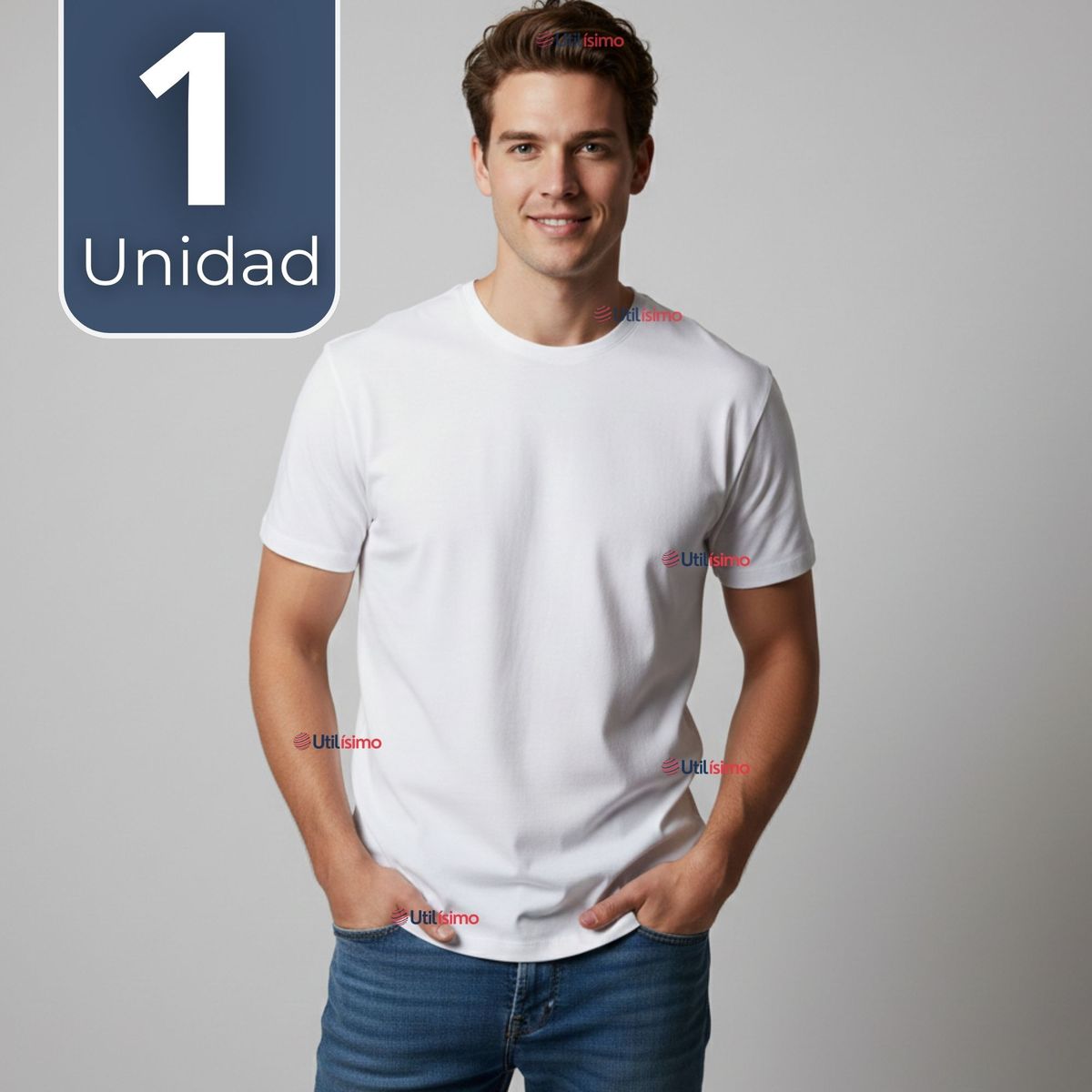 UTILISIMO - Camiseta Polera 100% Algodón Básica Lisa Elástica Hombre Blanco