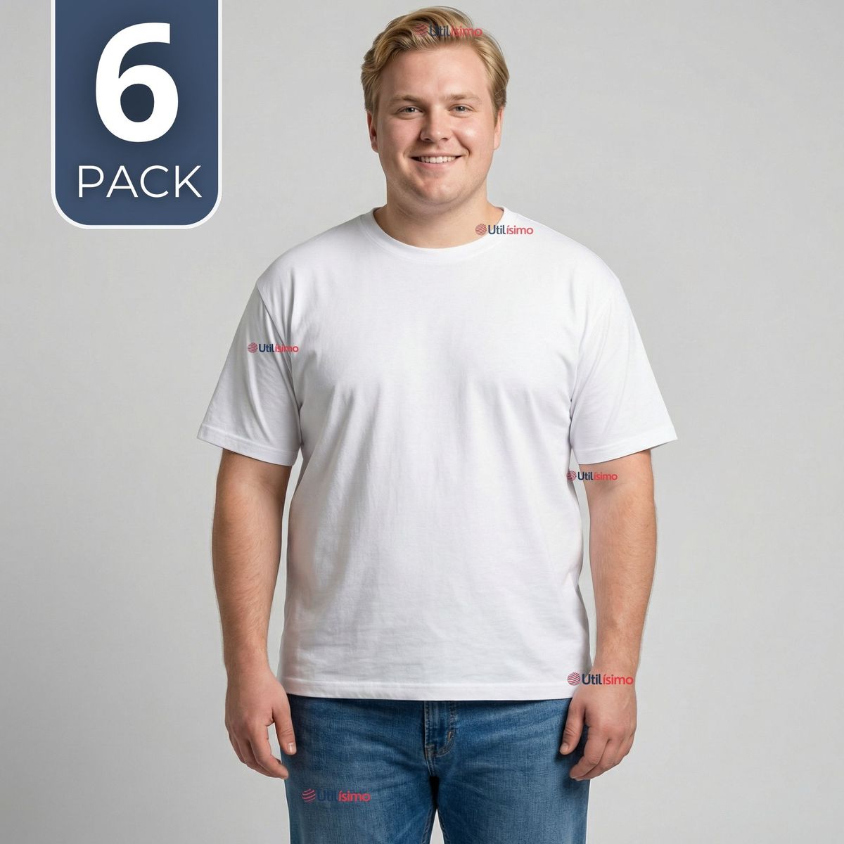 UTILISIMO - Pack 6 Camisetas Poleras 100% Algodón Hombre Básica Lisa Elástica Blanco