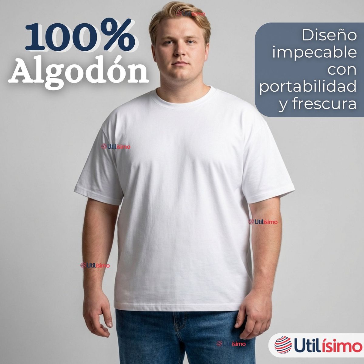 UTILISIMO - Camiseta Polera 100% Algodón Básica Lisa Elástica Blanca para Hombre